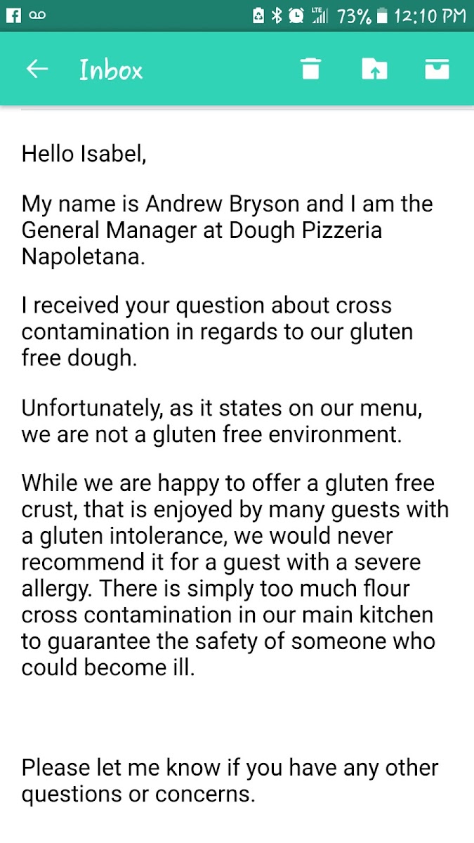 This is the email I received in regards to cross contamination. This restaurant is not Celiac friendly.