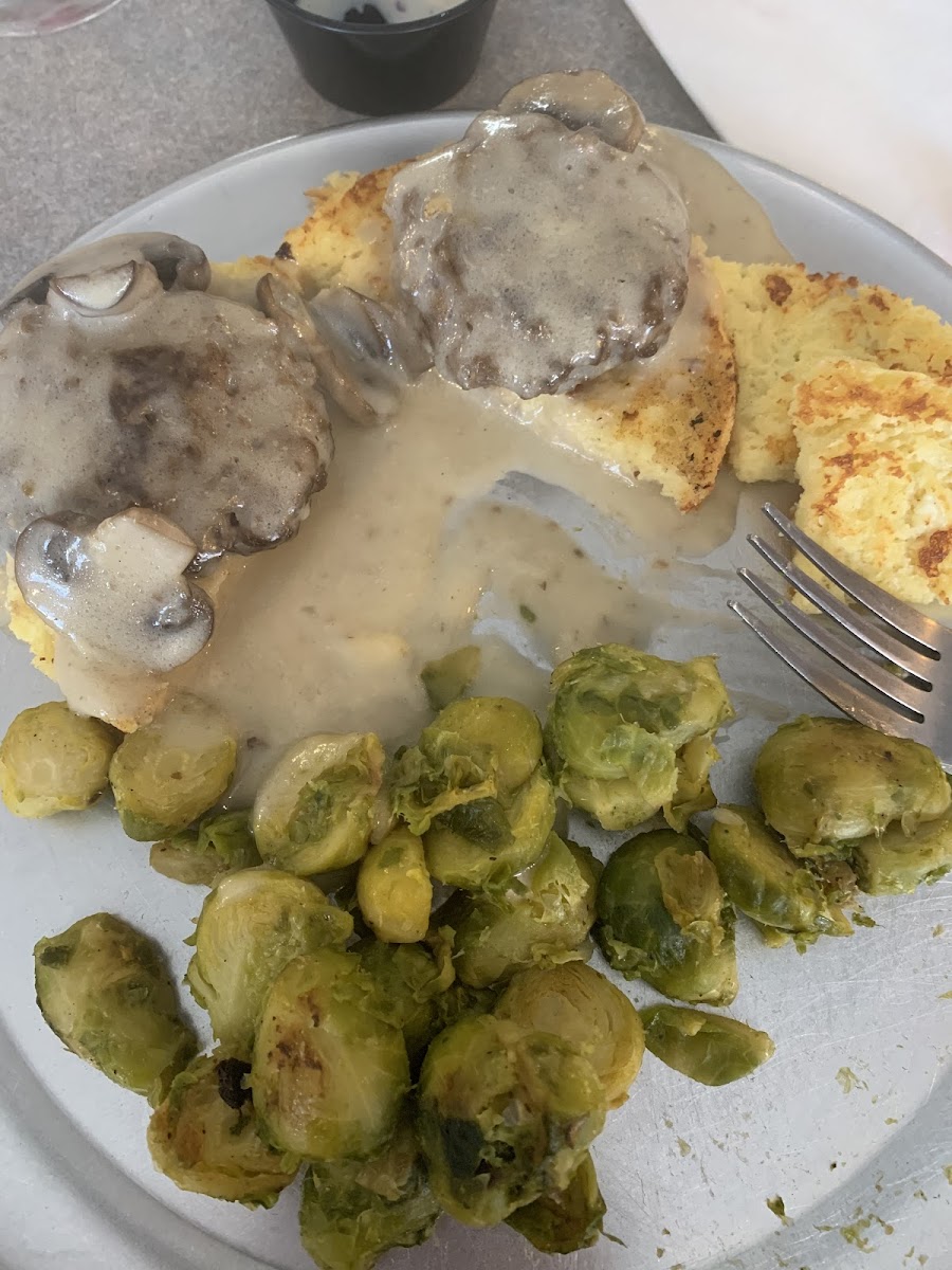 This was the lunch special for the day 
Meatloaf, mushroom gravy , biscuit and Brussel sprouts 
Delicious!