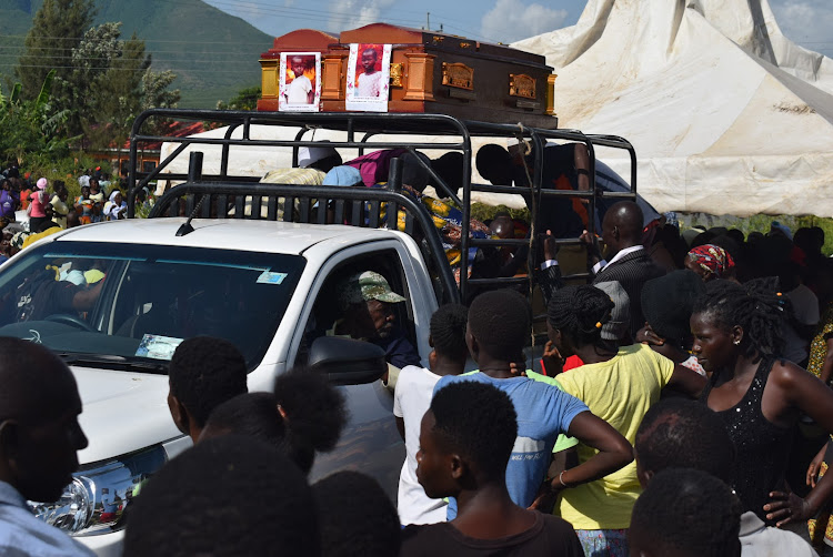 Caskets with bodies of two children who died from ravaging floods in Sindo, Suba South constituency on May 15,2024