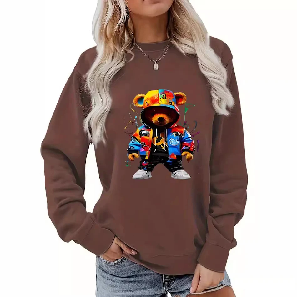 Vêtements pour femmes, col enveloppé, sweat à capuche brossé, col rond, dessin animé
