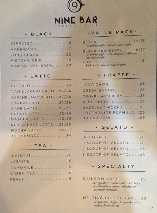 Nine Bar Coffee House menu 