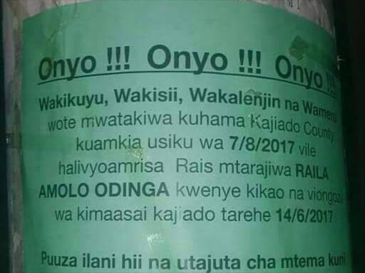A leaflet warning members of a certain community to vacate Kajiado County.