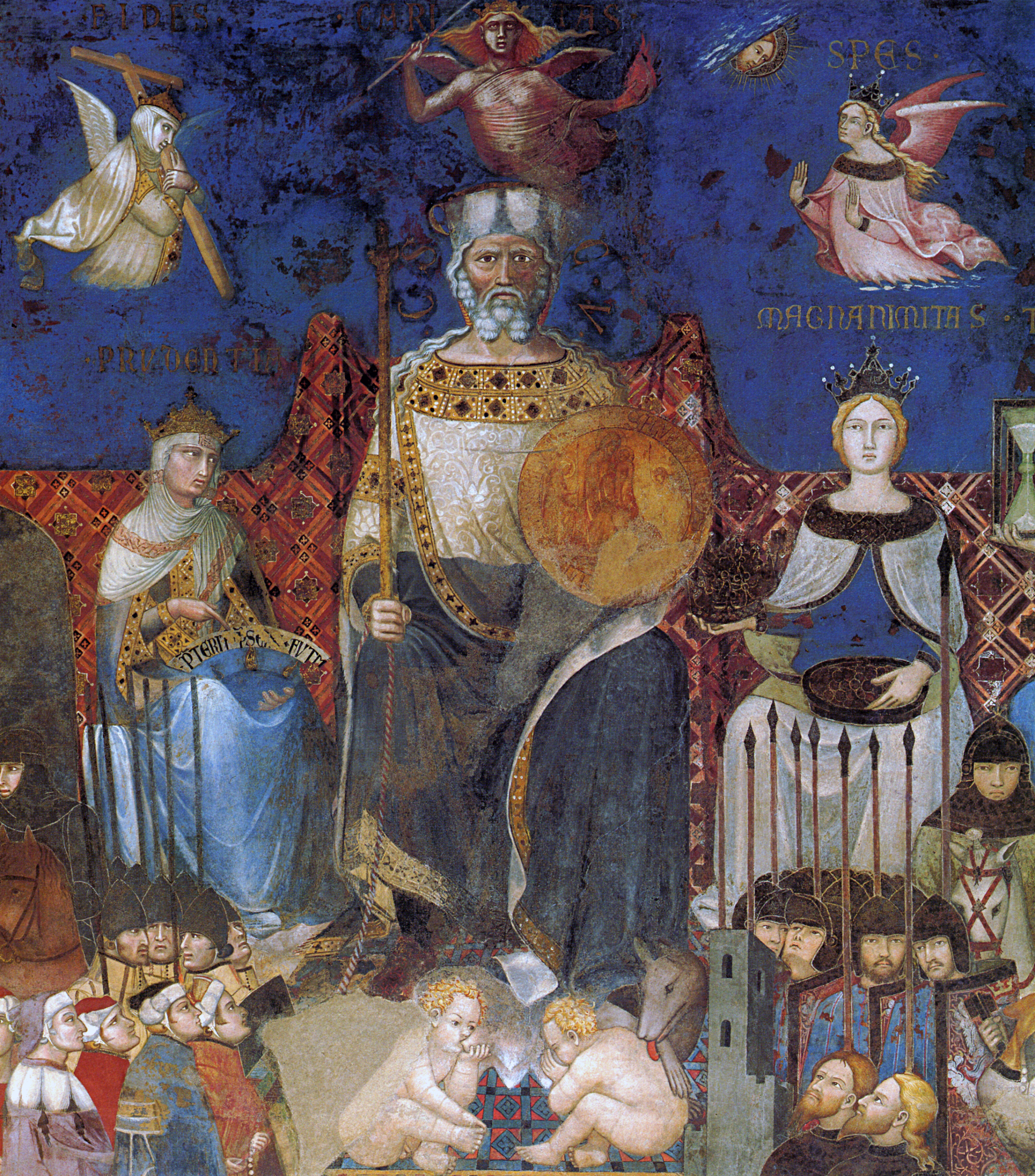 Ambrogio Lorenzetti, Allegoria del Buon Governo (dettaglio), Palazzo Pubblico, Siena. In alto sono rappresentate le tre virtù teologali (da sinistra Fede, Carità e Speranza). Subito sotto il Comune / Bene Comune. Sotto ancora la Lupa romana che allatta i gemelli