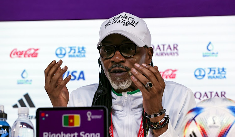 Cameroon coach Rigobert Song during a press conference at Qatar National Convention Centre in Doha, Qatar on November 23 2022. Cameroon face Switzerland in group soccer match on November 24.