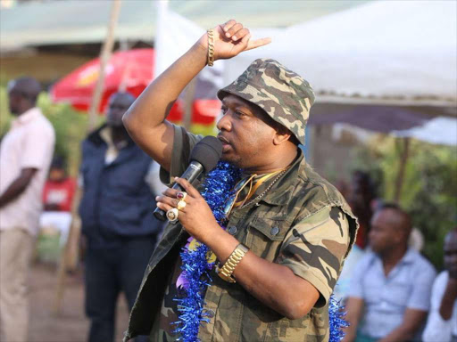 Nairobi governor Mike Sonko speaks at Matopeni in Embakasi Central during a fundraiser for Harrison Karanja on Saturday, November 11, 2018. Karanja was shot by gangsters /COURTESY