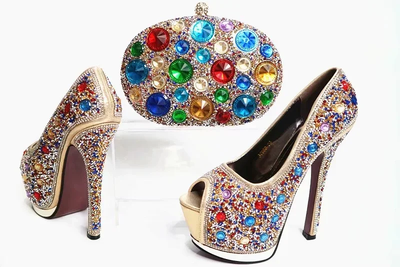 Escarpins à talons hauts Stiletto pointus, bouche de poisson, sac de dîner en strass et caoutchouc, élégant.