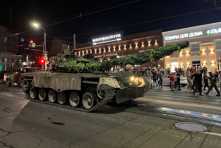 Fighters of Wagner private mercenary group pull out of the headquarters of the Southern Military District to return to base, in the city of Rostov-on-Don, Russia, June 24, 2023.