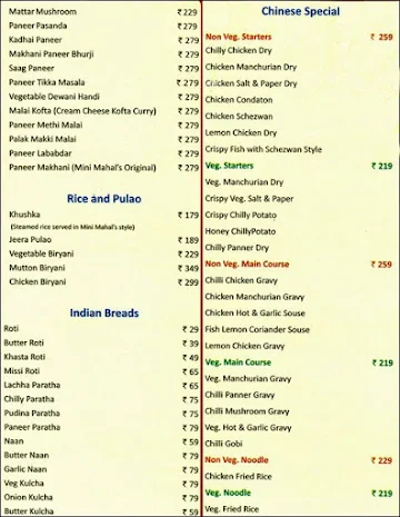 Mini Mahal Delux Restaurant menu 