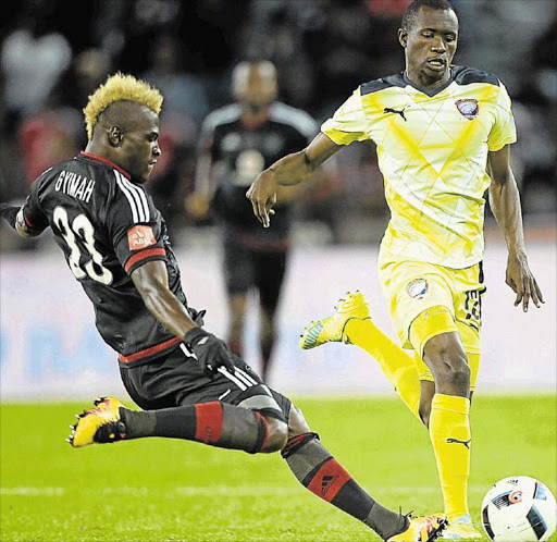 CHASE IS ON: Edwin Gyimah of Orlando Pirates, left, and Charlton Mashumba of Jomo Cosmos will be locking horns in the second round of the Nedbank Cup on Sunday. Top right, Cosmos coach Jomo Sono, left, and Pirates coach Eric Tinkler, seen here shaking hands yesterday at a press conference at PSL offices in Johannesburg, will have a last chance to get silverware for their clubs Pictures: GALLO IMAGES