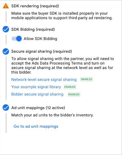 Example of secure signals settings that would allow your app to send secure signals