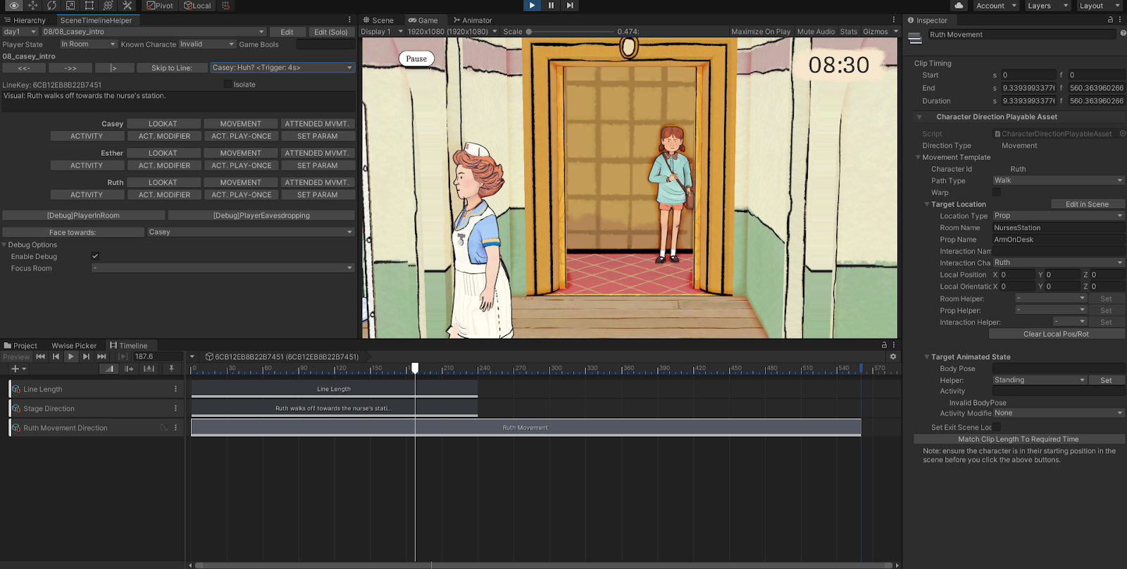 A screenshot displaying the Unity editor, with the Timeline window at the bottom, open as previously described, plus a ‘Scene Timeline Helper’ window on the left, which allows the user to skip forwards or backwards in the scene, and has many buttons to quickly add clips to the Timeline. On the right is a Property Inspector which is inspecting the currently selected clip, a “Character Direction” clip, which is set up to move the character Ruth to the Nurse’s Station. In the Game view in the middle, we can see a character - Ruth - partway through a movement. 