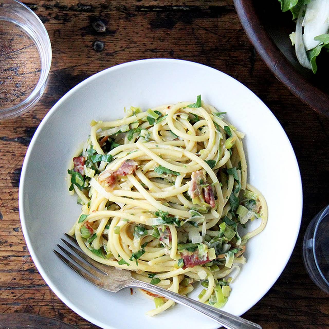 Valentine’s Day Menu: Bucatini Carbonara  taking into consideration Leeks & Lemon | Arugula & Endive Salad | Double Chocolate Cake