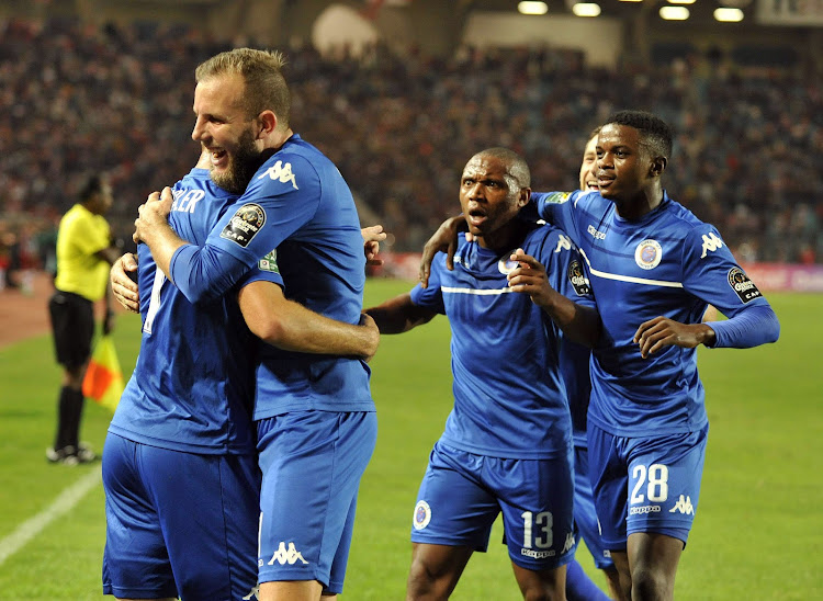 Supersport United FC players celebrate after scoring against Club Africain during the semi-final return 2017 CAF Confederations Cup game between Club Africain and Supersport United FC in Tunis, Tunisia on 22 October 2017.