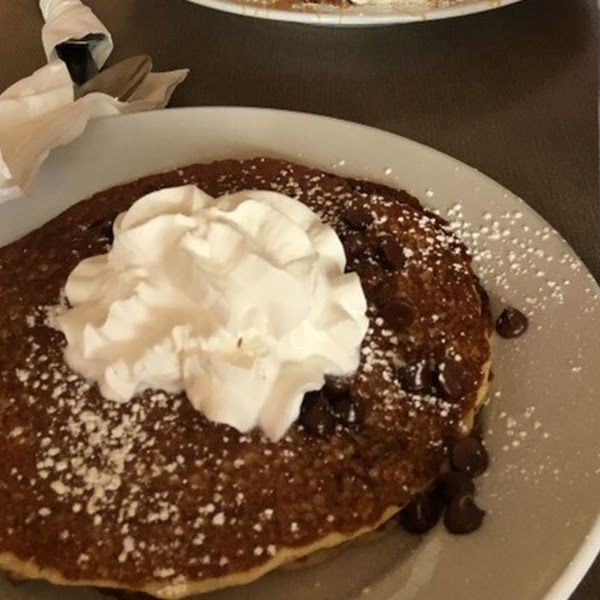 Plain 2 stack pancakes with chocolate chips (gluten free of course!)