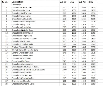 Cake 24X7 menu 