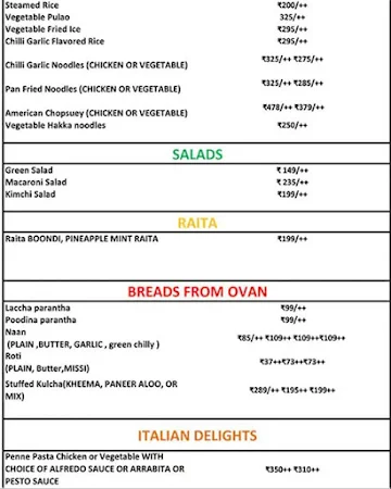 Sahara Restaurant menu 