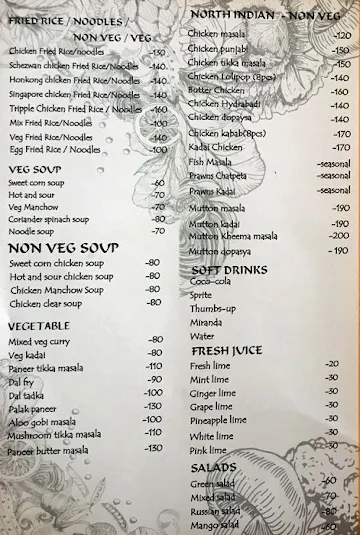 Calicut Durbar menu 