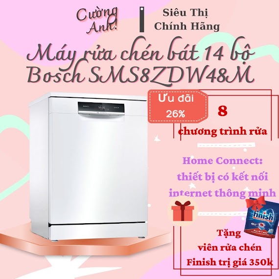 Máy Rửa Bát Độc Lập Bosch Sms8Zdw48M Serie 8, 8 Chương Trình Rửa 14 Bộ Bát Đĩa Châu Âu - Hàng Chính Hãng