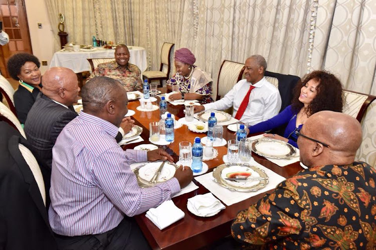 Zweli Mkhize, Cyril Ramaphosa, President Jacob Zuma, Mathews Phosa, Jeff Radebe. Front row: Lindiwe Sisulu, Nkosazana Dlamini-Zuma, Baleka Mbete.