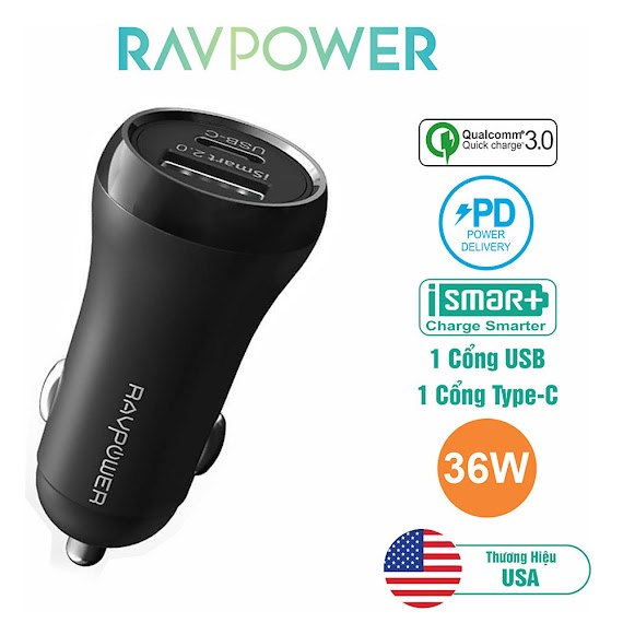 Sạc Xe Hơi 1 USB + 1 USB Type C RAVPower RP-PC091 Hỗ Trợ Sạc Nhanh PD Power Delivery 18W và Quick Charge 3