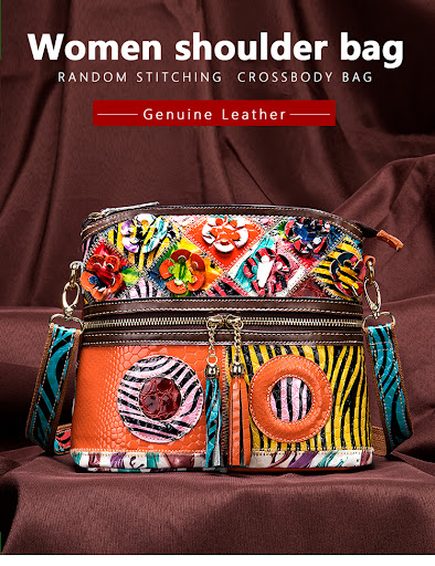 Title 2, Retro Cowhide Stitching Handbag with Floral Des...