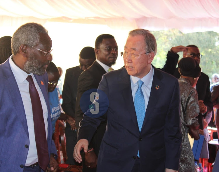 UON vice chancellor Stephen Kiama with former UN Secretary General Ban Ki-moon during the high- level intergenerational dialogue at the Wangari Maathai Institute for peace and environmental studies, Nairobi on September 4, 2023/ LEAH MUKANGAI