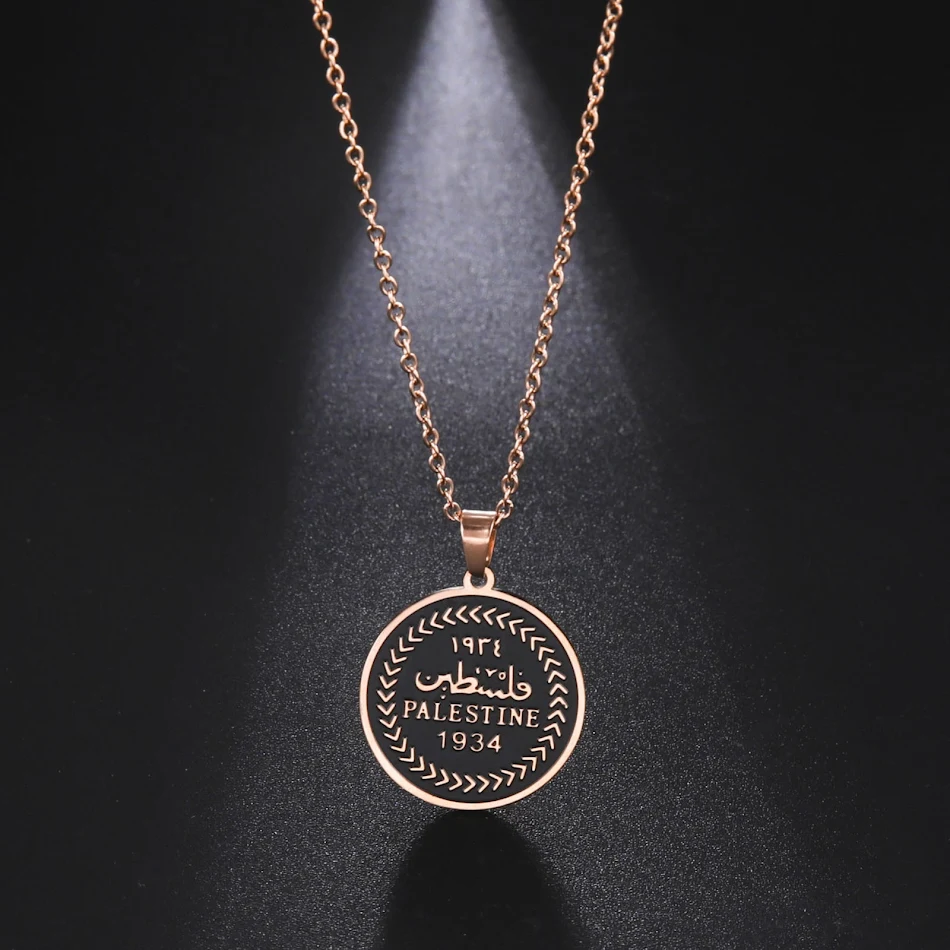 Collier pendentif rond PALESTINE en acier inoxydable 304 poli double face, résistant à la corrosion, design élégant et durable.