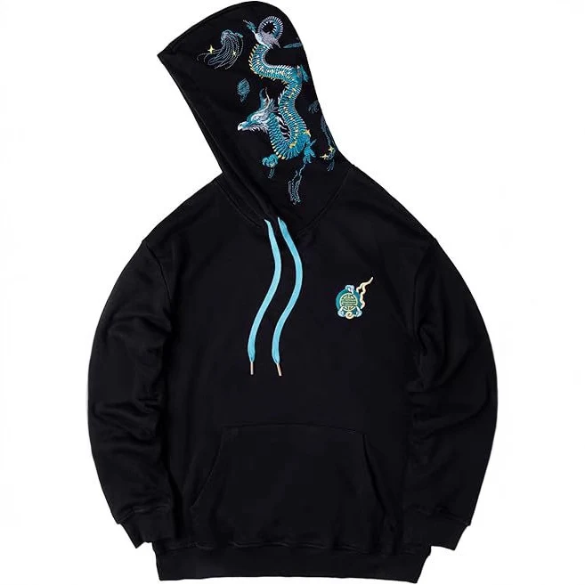 Sudadera con capucha para hombre con estampado de dragón, patrón pesado, ideal para un look audaz y abrigado en cualquier ocasión.