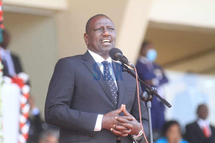 Deputy President William Ruto giving his tribute during the State Funeral of the late President Mwai Kibaki at Nyayo National Stadium on April 29, 2022.