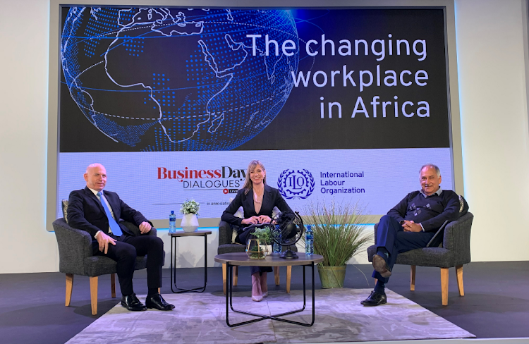 From left, Jonathan Goldberg, CEO of Global Business Solutions, moderator Francis Herd and Cas Coovadia, CEO of Business Unity SA, during the Business Day Dialogue in partnership with the International Labour Organisation. Picture: SUPPLIED/ILO