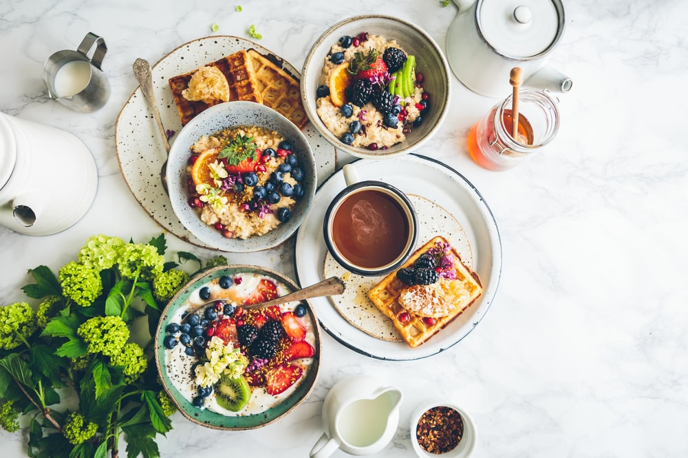 fruit salad on gray bowls