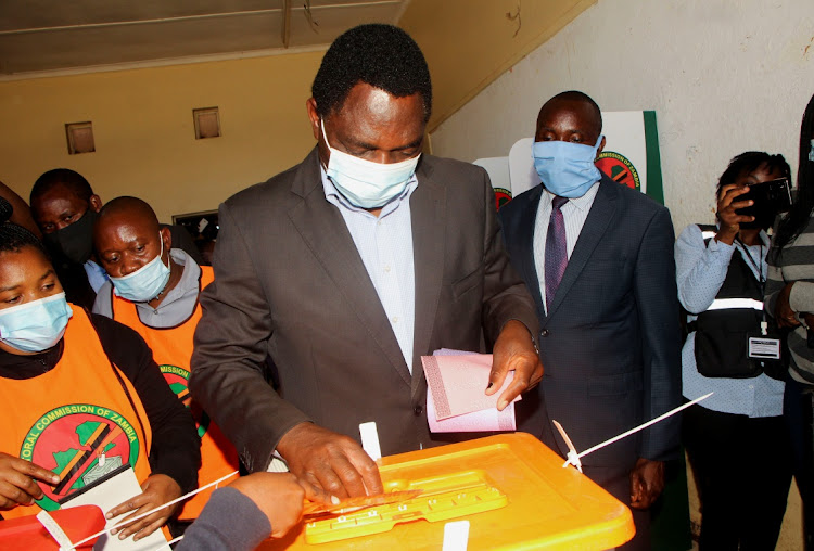 Opposition UPND party's presidential candidate Hakainde Hichilema casts his ballot in Lusaka, Zambia on August 12, 2021.