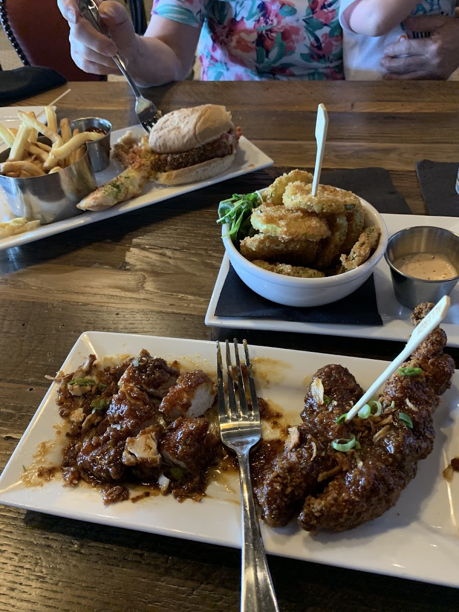 Eggplant parm sandwich, fried pickles, honey mustard chicken tenders. All delicious!!!!