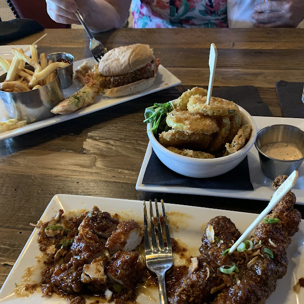 Eggplant parm sandwich, fried pickles, honey mustard chicken tenders. All delicious!!!!