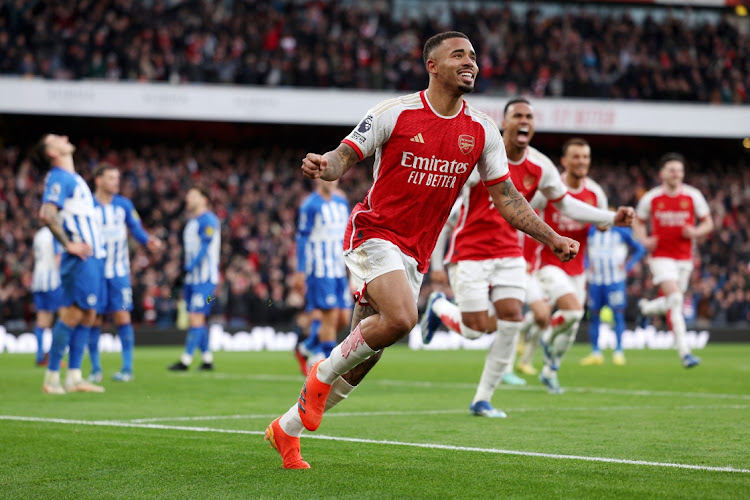 Gabriel Jesus celebrates after scoring Arsenal's first goal in their Premier League match against Brighton & Hove Albion at Emirates Stadium on Sunday.