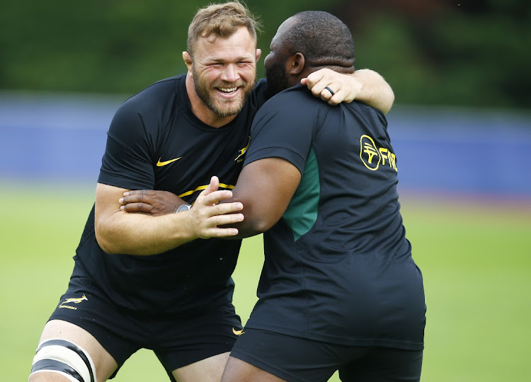 Springboks Duane Vermeulen and Ox Nche during training at Stade Omnisports du Chemin de Ronde in Croissy-sur-Seine, Paris, on Thursday. Picture: STEVE HAAG/GALLO IMAGES