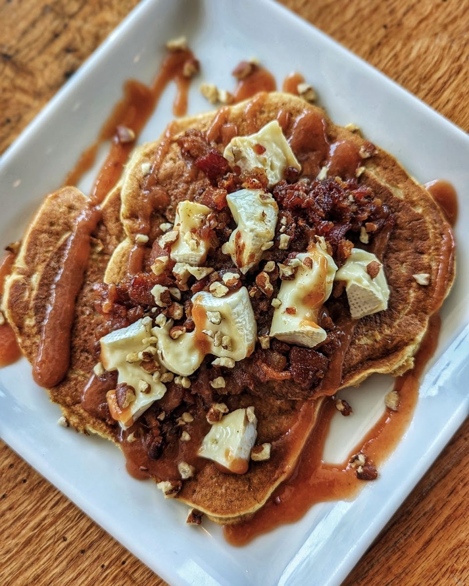 Short stack of gluten-free pancakes, available on Sundays