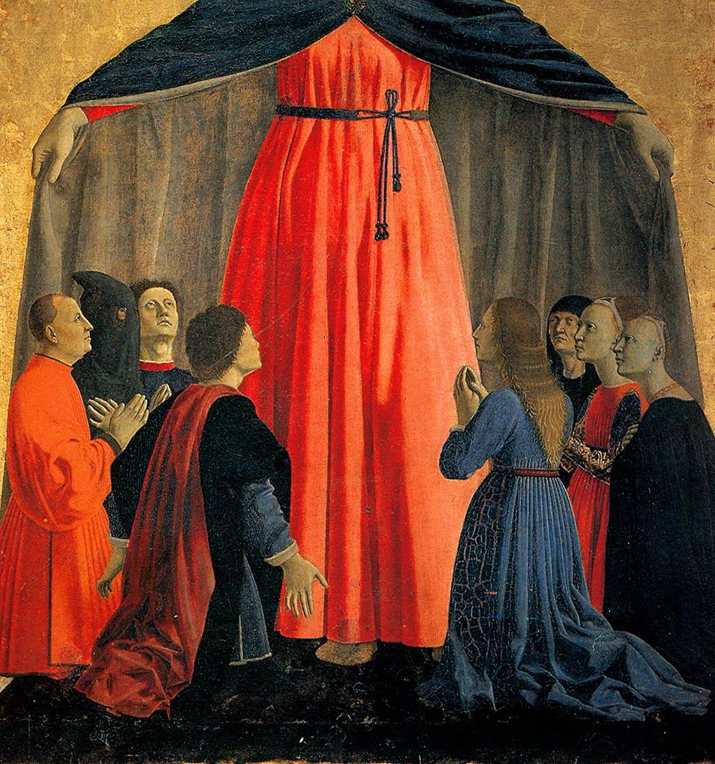 Piero della Francesca, Polittico della Misericordia, 1444-1465, (particolare, il mantello della Madonna della Misericordia), Museo Civico, Sansepolcro