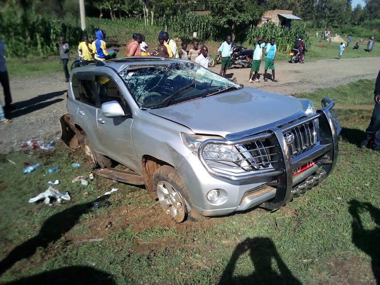 The car belonging to Ugandan High Commissioner to Kenya Phibby Otaala after the road accident at Kimwanga area along the Eldoret-Malaba Highway.