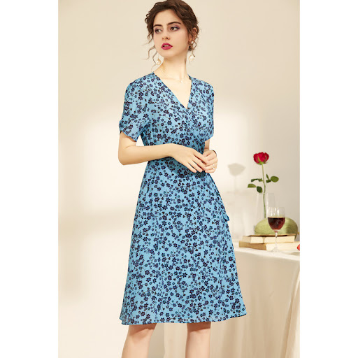 Title 2, Elegant Silk Print V-neck Short-sleeved Dress E...
