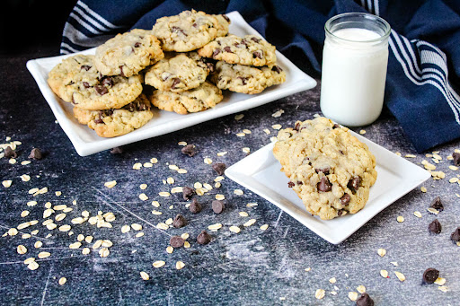 Plates of Chocolate Chip Oatmeal Cookies.