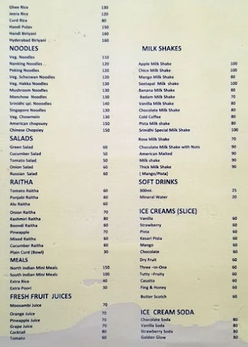 Srinidhi Sagar Deluxe menu 