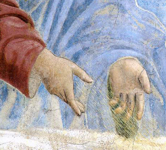 Piero della Francesca, Annunciazione (Dio Padre invia dalle nuvole lo Spirito Santo sotto forma di raggi che scaturiscono dalle sue mani), Capella Bacci, Basilica di San Francesco, Arezzo