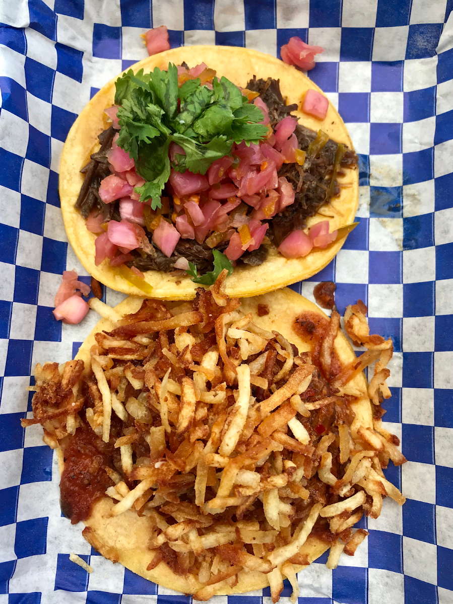 Barbacoa and pork colorado tacos