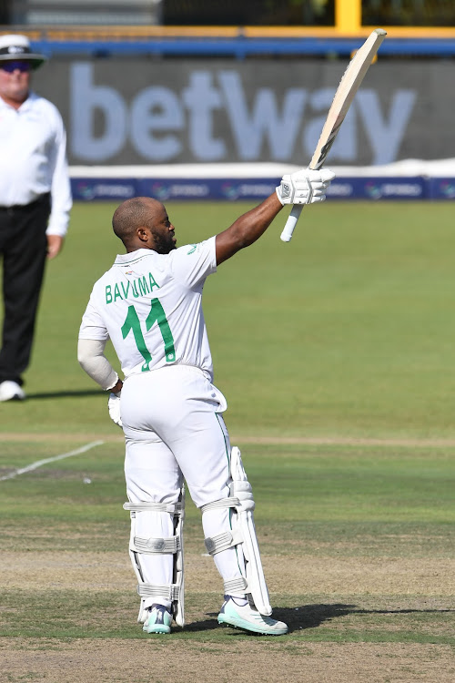 Proteas captain Temba Bavuma celebrates his century during day 3 of the 2nd Betway Test match against the West Indies at DP World Wanderers Stadium on March 10, 2023 in Johannesburg, South Africa.