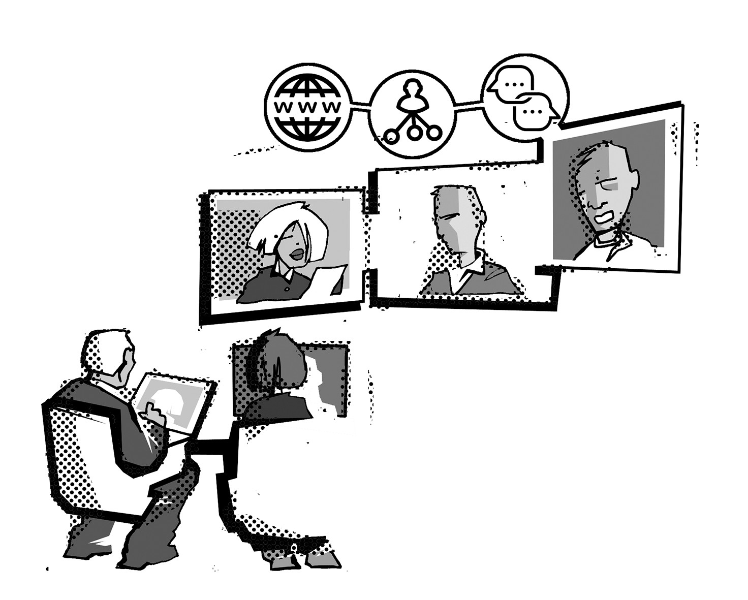 Drawing depicting several people in front of computer screens talking to each other. 