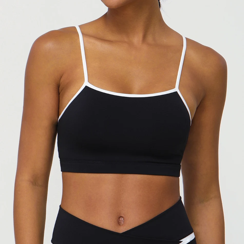 Reggiseno sportivo da yoga per la corsa, effetto nudo, con sottili spalline e abbinamento colori, per libertà.