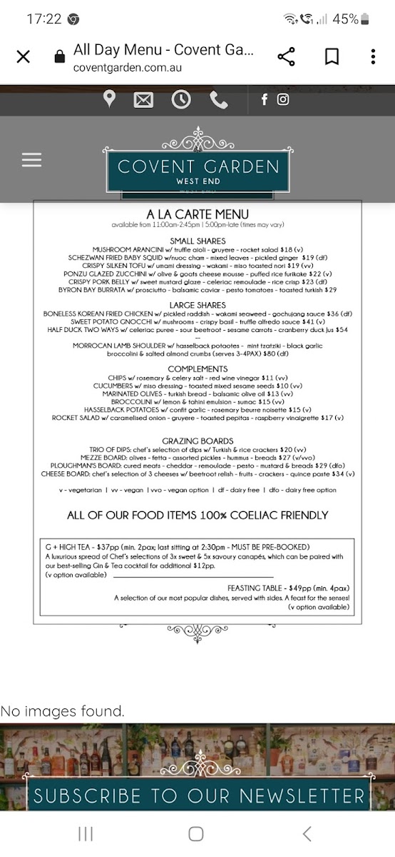 Covent Garden - Gin Bar & Restaurant gluten-free menu