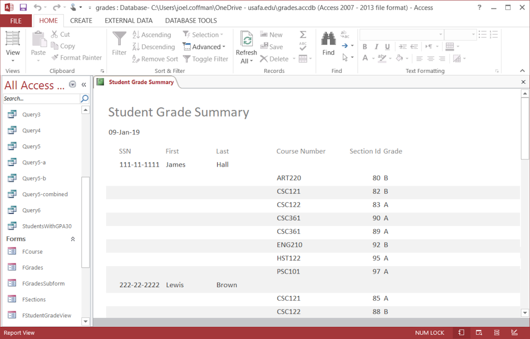 Student Grade Summary Report