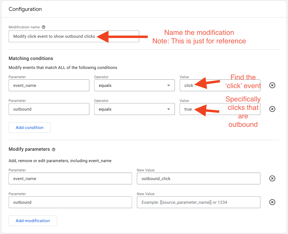 The Google Analytics (GA4) event modification setting screen pointing out each section required for user input.